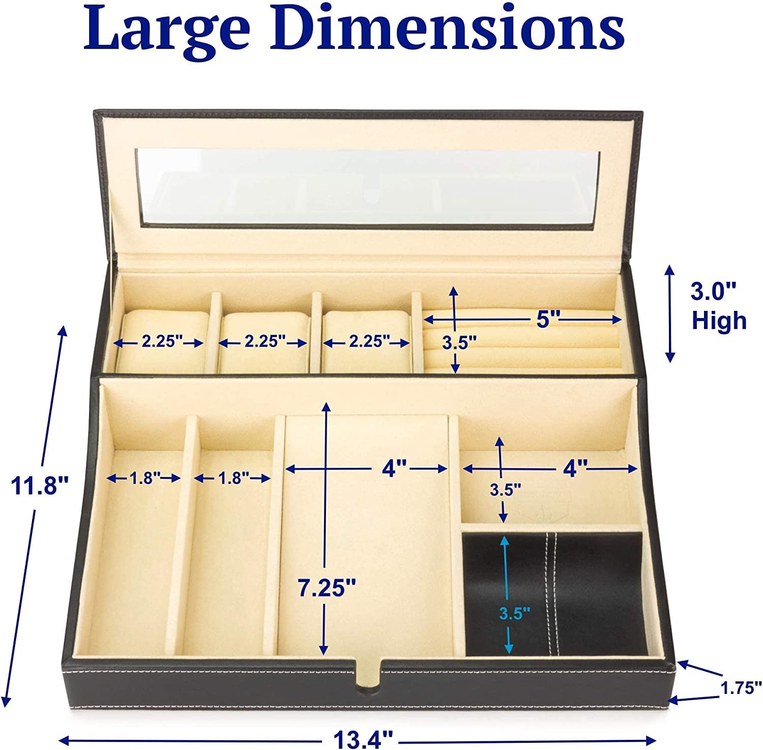 Navigator Large Dresser Valet Tray & Mens Jewelry Box Organizer - Watch Box Organizer for Men with Angled Charging Station (Ivory)