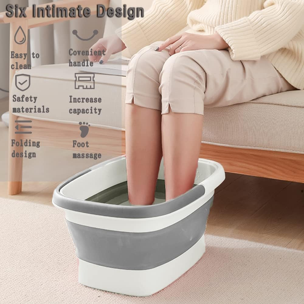 Collapsible Foot Bath Basin for Soaking Feet,Foot Soak Tub,Plastic Foot Bucket with Handles and Massage Acupoint,Foldable Laundry Basket-Gery