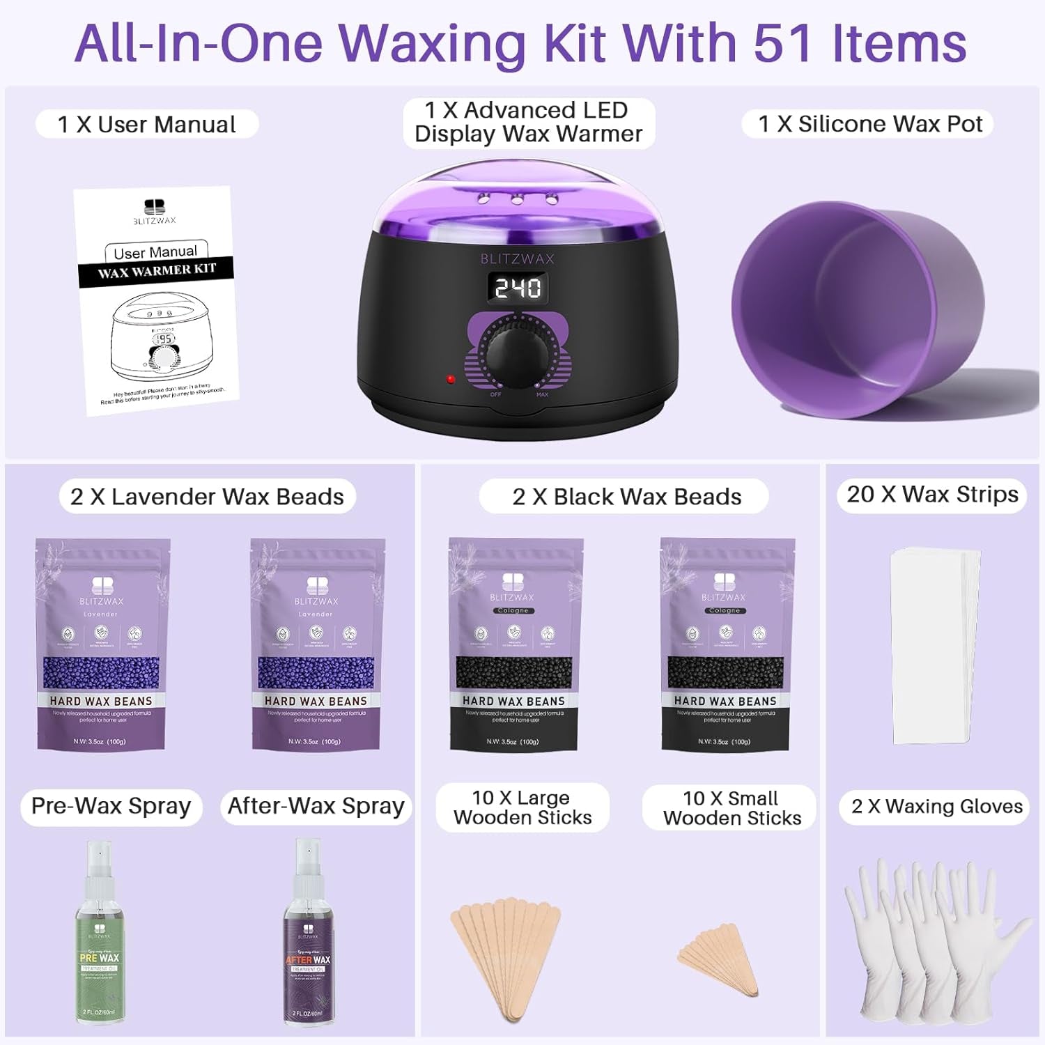 Waxing Kit for Women Men Digital Wax Kit Suitable for Sensitive Skin/Brazilian/Full Body/Bikini/Hair Removal Hard Wax Kit with 51 Wax Items for Home, Salon and Beginners