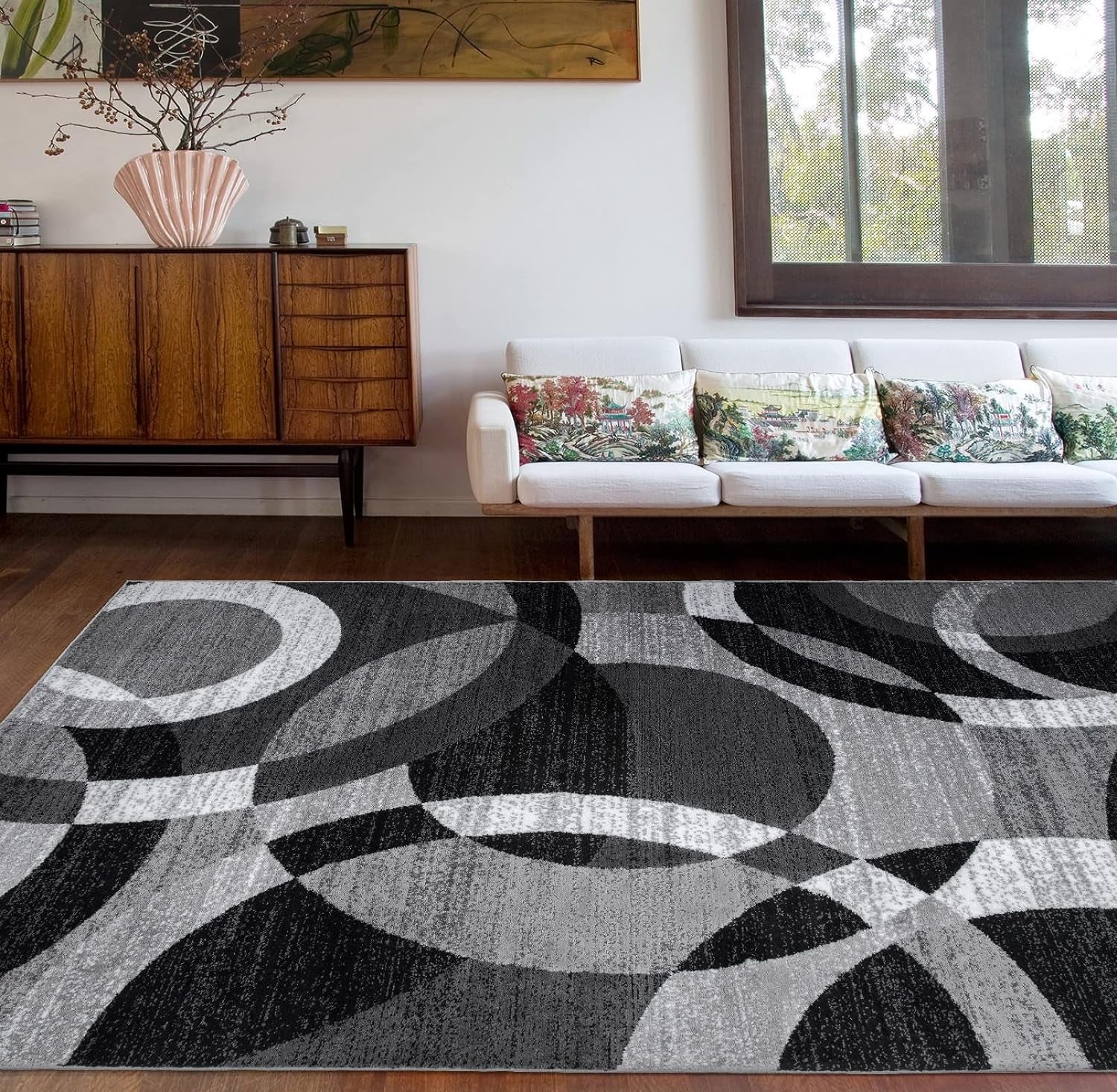 Contemporary Modern Circles Abstract Area Rug 6' 6" X 9' Gray