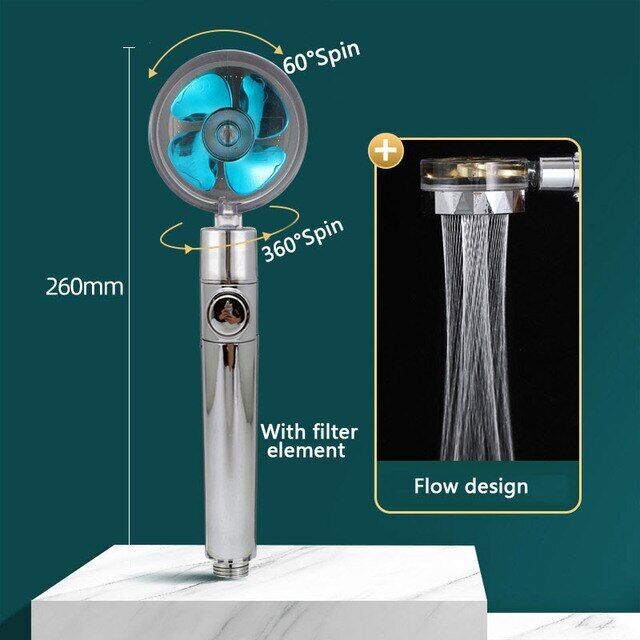 High Pressure Shower Head Adjustable 360° Rotation Turbine Water Saving Shower