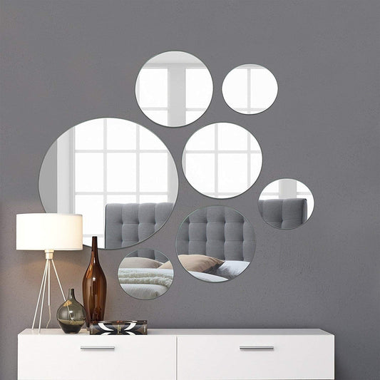 Medium round Mirror Wall Mounted Assorted Sizes (1X10”, 3X7”, 3X4”) - Set of 7 round Glass Mirrors Wall Decoration for Living Room, Bedroom or Bathroom.