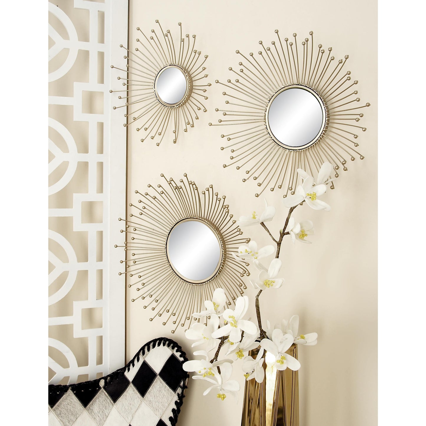 16", 15", 12"D Gold Starburst Wall Mirror, Set of 3