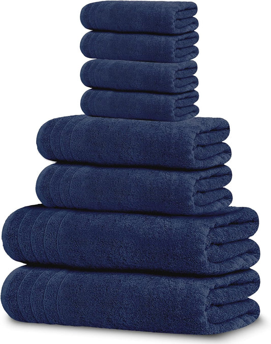 Pack of 8 Towels Set, 2 Extra Large Bath, 2 Hand, 4 Washcloths, 100% Cotton, Lighter Weight, Quicker to Dry, Super Absorbent, Perfect for Bathroom, Navy