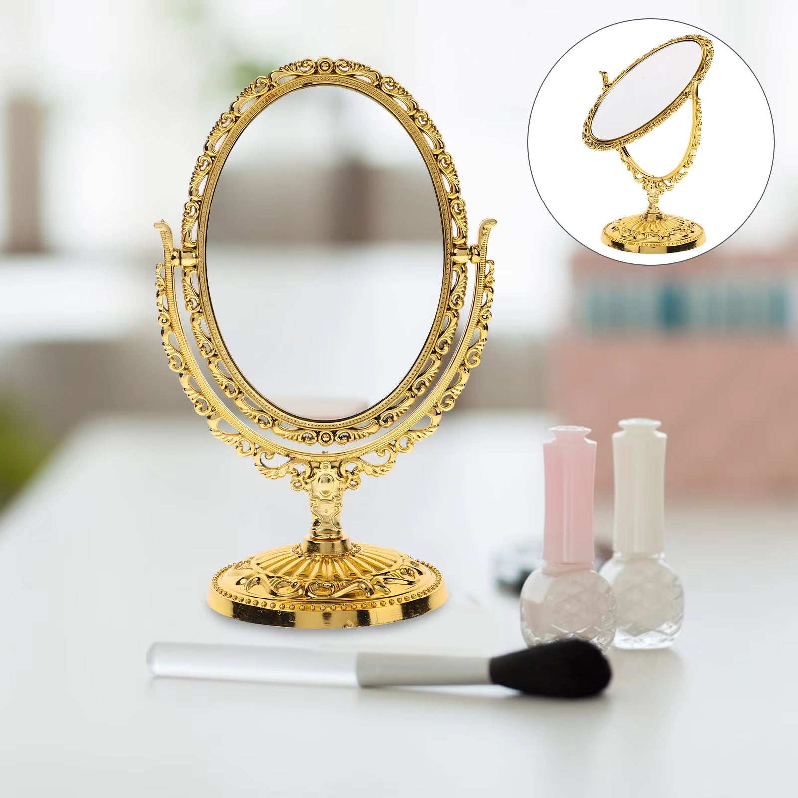 Vanity Mirror Tabletop Rotating Swivel Makeup Vintage Abs Glass Small Desk on Stand Office